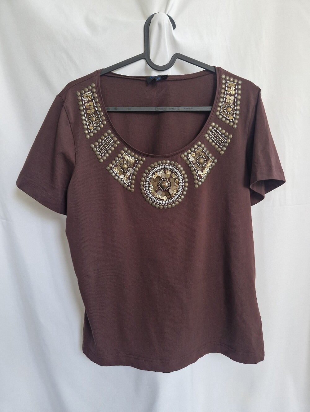 Escada Brown Scoop Neck Tee with Metallic Embellishment